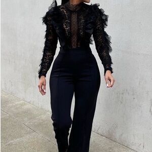 Fashion Nova Black Lace Ruffle Jumpsuit